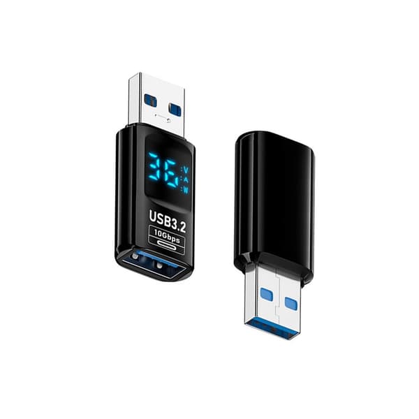 USB-A Han til USB-A Hun Adapter med Digitalt Display - 2-pak, Realtidsovervågning af Strøm, Spænding og Effekt