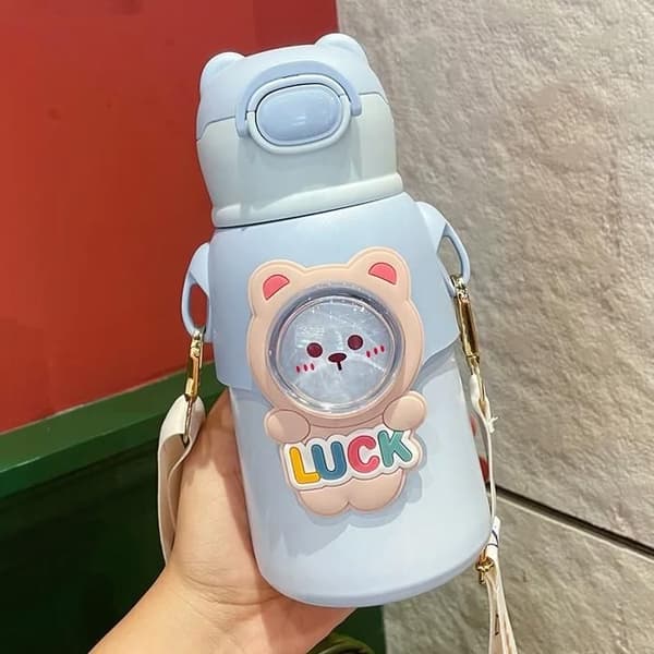 500 ml tecknad barntermos med sugrör, läckagesäker termos, kawaii blå vattenflaska