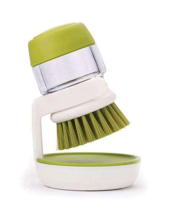Rechargeable cleaning and kitchen brush with Palm Scrub soap dispenser and storage stand, green