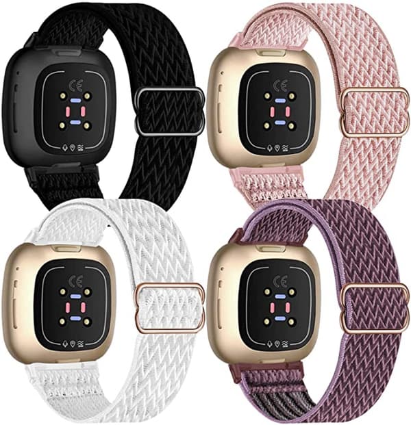 4-pak elastisk nylonrem kompatibel med Fitbit Versa 3 / Fitbit Sense, justerbar elastisk sportsurrem (sort/rosarød/hvid/S{F2})