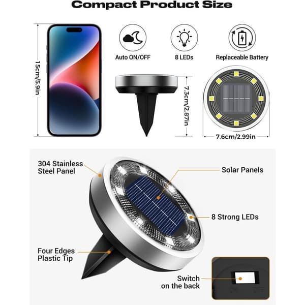 Sett med 8 solcelle-bakkelamper. 8 LED utendørs solcelle-hagelys vanntette. Utendørs solcelle-spotlights