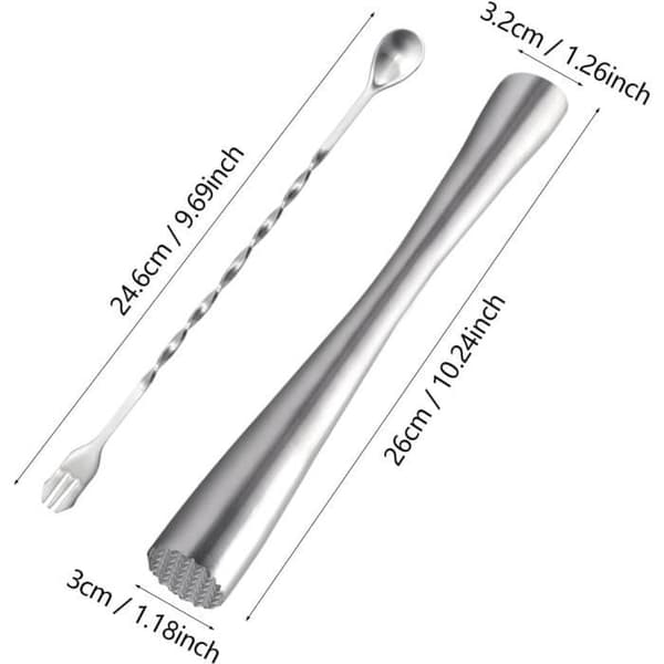 26 cm Stainless Steel Cocktail Muddler Mojito Muddler with Cocktail Spoon Ice Muddler Used in Bars, Restaurants