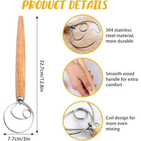 Kitchen whisk, manual dough mixer, large flat egg whisk, wooden handle, stainless steel head, mixer, baking tool