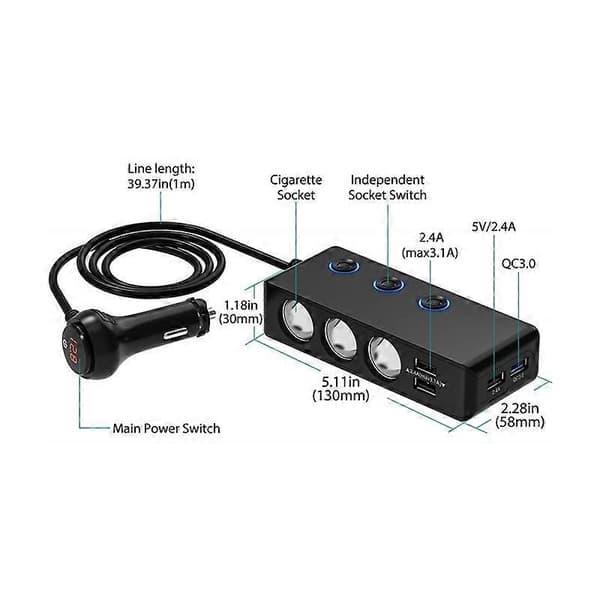 TR30 QC 3.0 Multifunksjonell 3 Sigarettenner Høy Effekt Billader