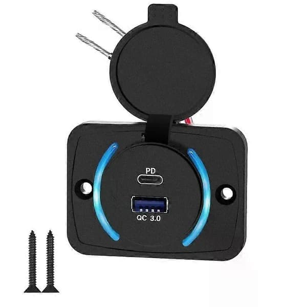 12-24V USB-uttakspanel QC30 & PD Bil USB-portlader LED-lys Billader Socket Adapter Vanntett for bil Marine Båt RV