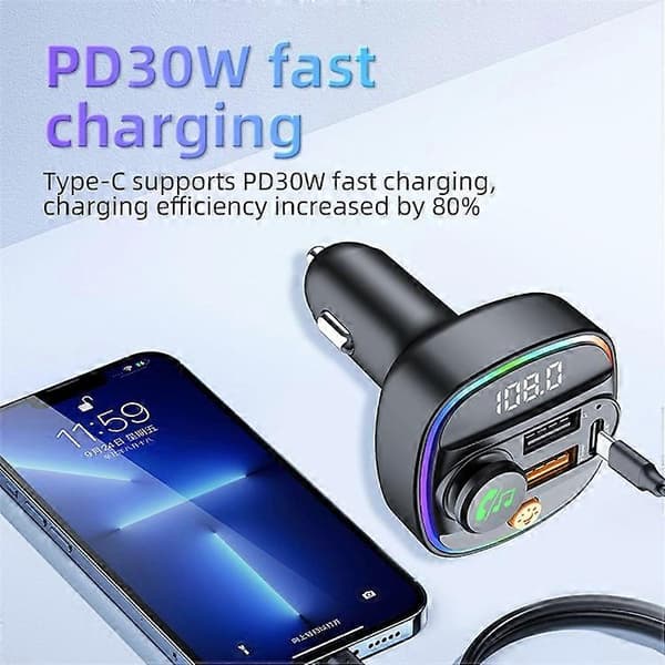 C4S Bluetooth 5.3 FM-sender med digitalt display for bil PD 30W+QC 3.0 Billader Audio MP3-spiller