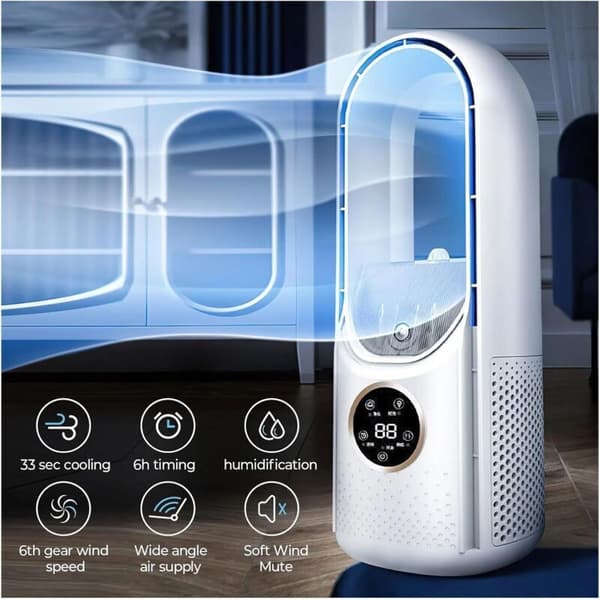 Bladeless ventilator, 6 hastigheder, bladløs køleventilator med luftfugter - hvid