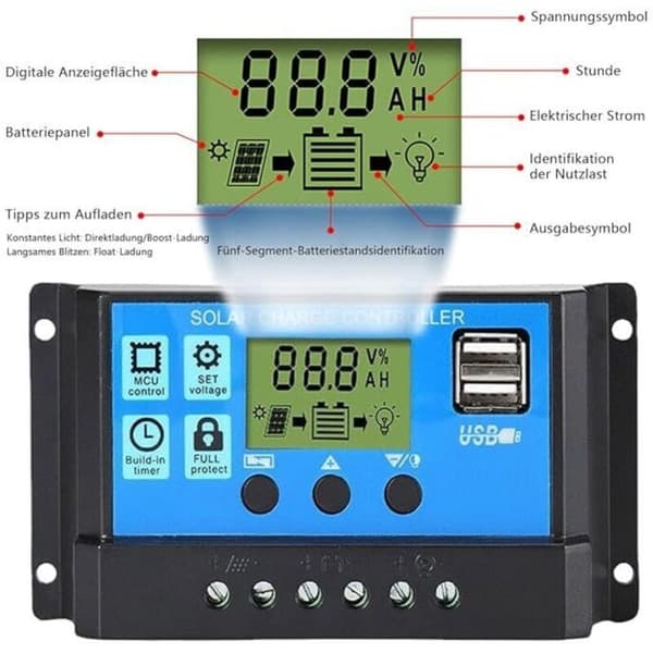 30A Solar Charge Controller 12V/24V Solar Charge Controller Regulator Dobbelt USB-port LCD-display til blysyrebatterier