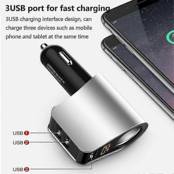 Billaderforlenger sigarettenneradapter, kontakt Splitter 3 USB