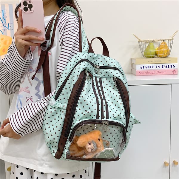 Women's Polka Dot College Backpack, Expandable Water-Resistant Nylon Bag Light Gray