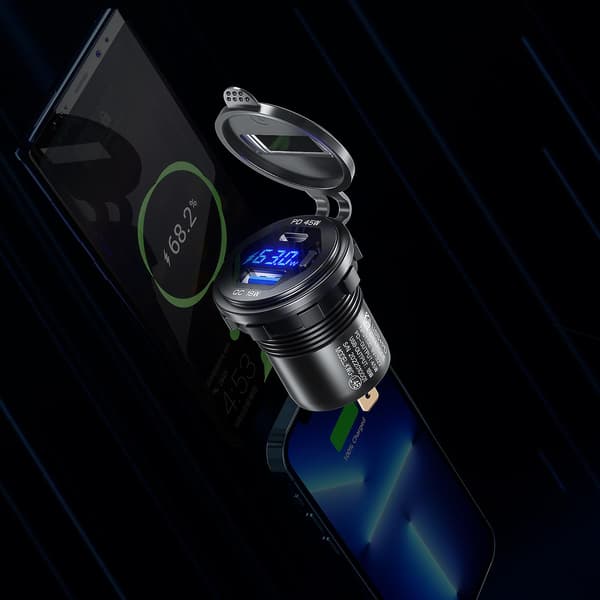 63W QC3.0 USB + Typ C USB C PD Billaddare Snabb Laddare Med LED Voltmeter