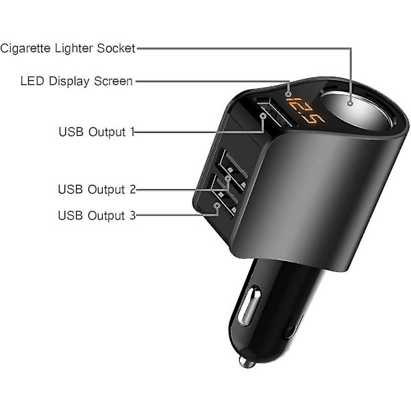 Biloplader, 3 USB cigarettænderadaptere, stikdåsesplitter og voltmeter