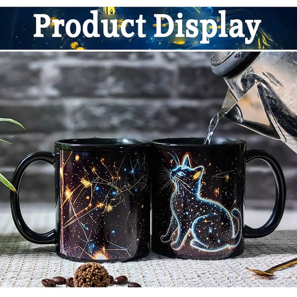 Magic Color Changing Cat Mug, Heat Activated Ceramic Cup with 5 Cat Motifs, Novelty Gift 350ml Starry Sky Cat B