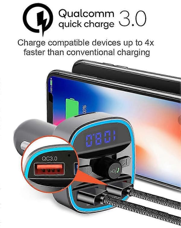 Biloplader Hurtig Opladning/ Mp3 Bluetooth Afspiller/ Fm Transmitter-God
