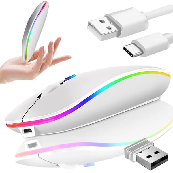 Wireless Mouse Bluetooth & 2.4 GHz Optical RGB Rechargeable Slim White