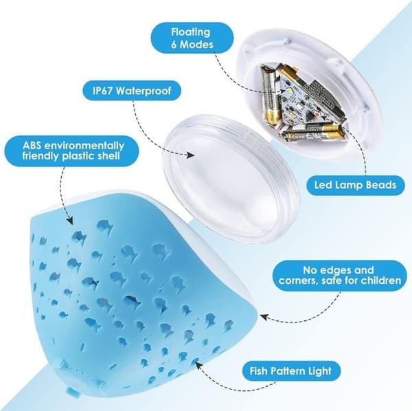 Flydende poollampe til badekar, damlys med fiskeprojektion, 6 tilstande og 4 farver, til badekar,