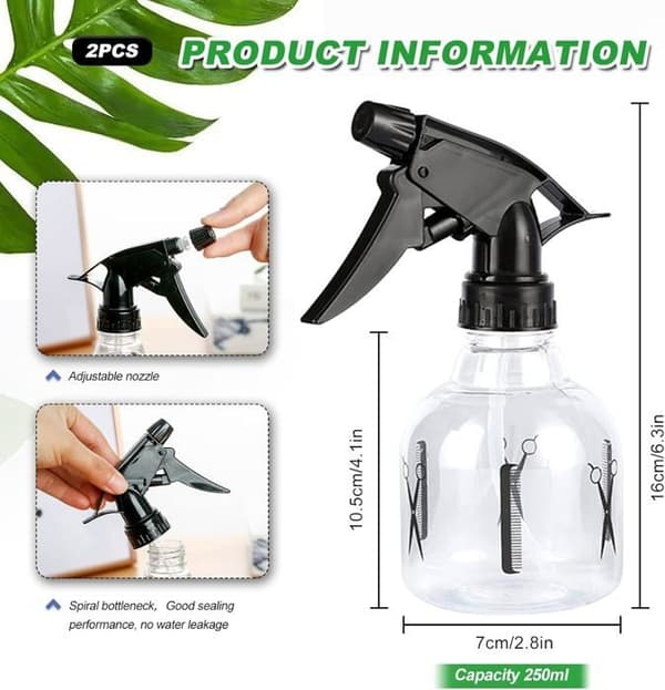 Sett med 2 tomme plastsprayflasker for hår, påfyllbare, med avtrekker, for hårstyling, reise, planter, 250 ml