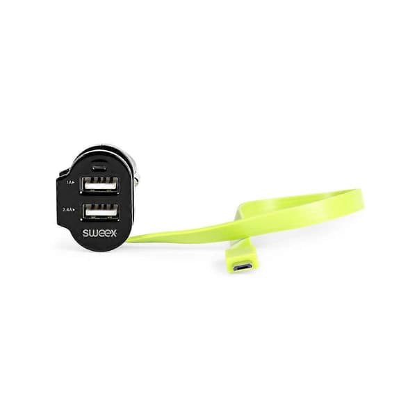 Billader 3 uttak USB 6A med flat kabel 26cm, svart