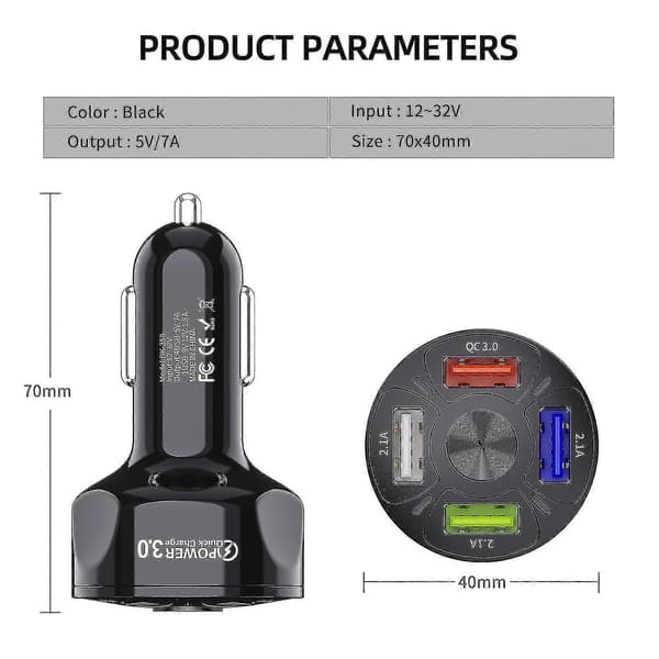 USB-billader, 4-i-1, 7A 35W USB med LED-lys, 12-32V