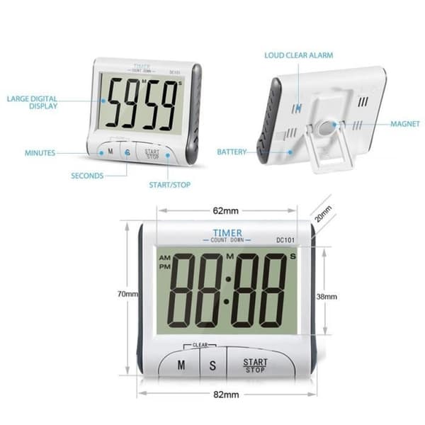 (Hvit) Kjøkkentimer, Digital timer med lydalarm, Elektronisk nedtellingstimer med magnetisk stativ, For tidsstyring, Studier
