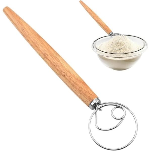 Kjøkkenvisp, manuell deigmikser, stor flat eggvisp, trehåndtak, rustfritt stålhode, mikser, bakeverktøy