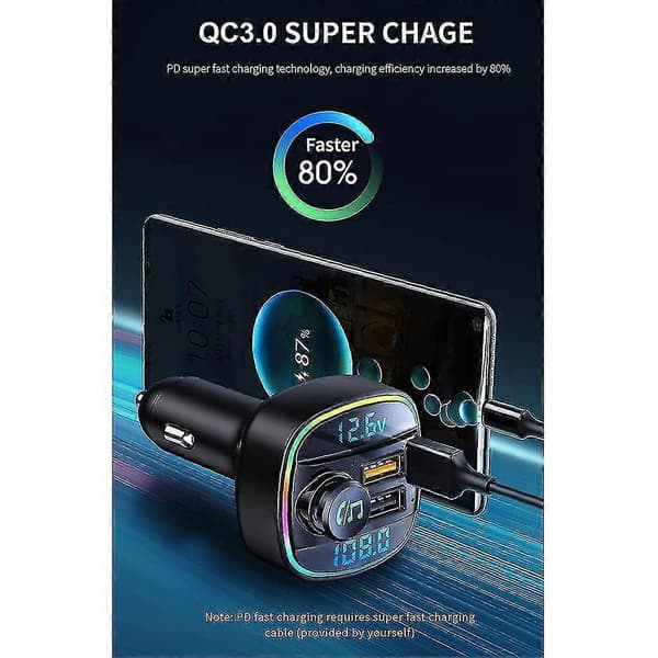 Bil Bluetooth-kompatibel 5.0 Fm-sender Qc3.0 Hurtiglading Billader