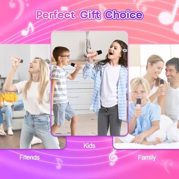 Karaokemaskin - 2 trådløse mikrofoner - Rosa/Lilla - Bluetooth 5.1 - Oppladbart batteri