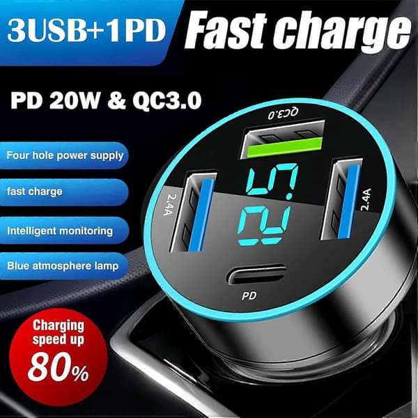 2025 Nyeste Biladapter, 4 Porter USB Billader med Spenningsdisplay PD 3.0 og