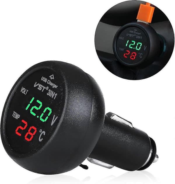 12-24 V Billaderkontakt med USB-port/Voltmeter/Termometer for biler (Grønn + Rød)