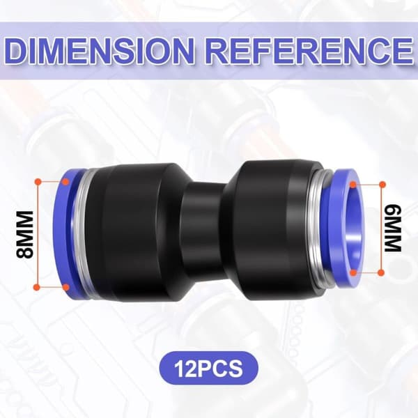 12 stk 6 mm til 8 mm diameter pneumatisk reduksjonsadapter hurtigkobling (PG6-8)