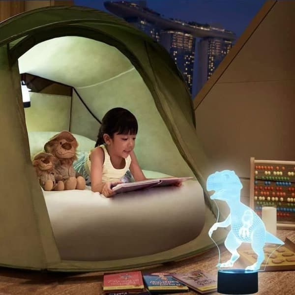 (Sort) LED-natlampe til børn, 3D-dinosaur-lampe, sengelampe med 7 farveskiftende stemningslys til stue og soveværelse
