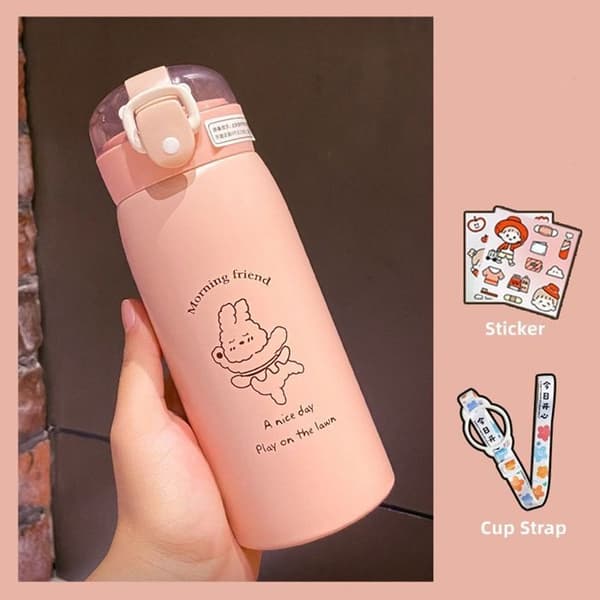 Water bottle/thermos mug with straw, cartoon design + random sticker + pink shoulder strap
