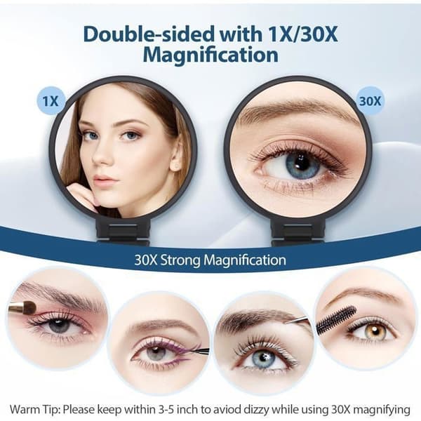 30x Magnifying Mirror, Handheld Mirror with Handle, Double-Sided Mirror with 30x/1x Magnification, Indispensable Travel Mirror