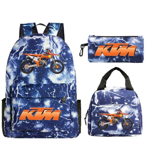 KTM Cross Student Backpack Set (3-piece set) with Creative Pattern Motorcycle Design, with a Casual Student Backpack and Pencil Case. Lightning Blue