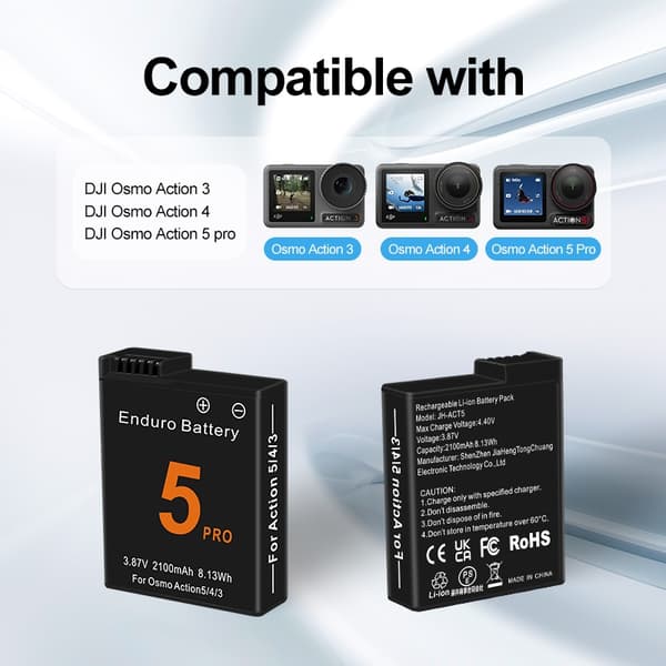 Batteri for DJI Osmo Action 5 Pro Action Kamera Batterier 3-spors Hurtiglader 2100mah Batteri for Osmo 3 4 5 Pro Tilbehør 1 Charger