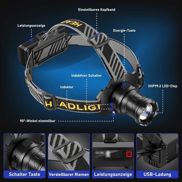 Hodelykt - 100 000 Lumen - 6-Modus Variabel Zoom - IPX7 Vanntett - 5600mAh Batteri