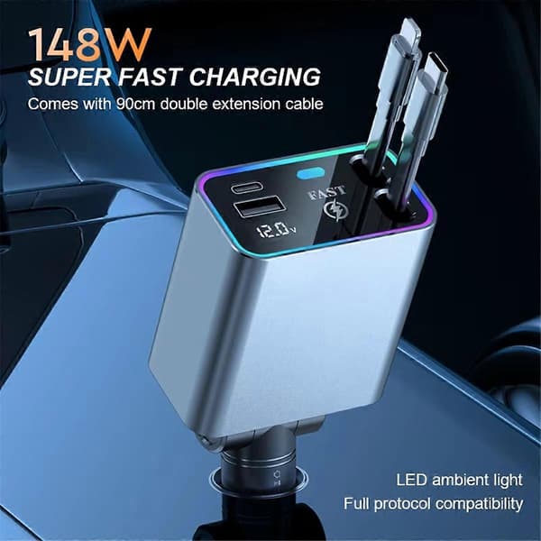 148W PD 66W Biloplader, Udtrækkelig USB Type C Hurtigoplader