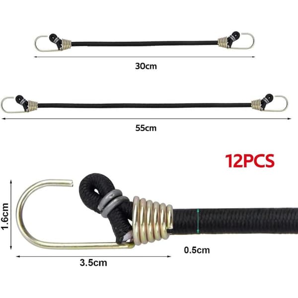 12 x elastiske bungee-stropper med kroge. Mini bagagespænder. Elastisk reb til transport. Camping og udendørs aktiviteter. 5 mm x 30 cm