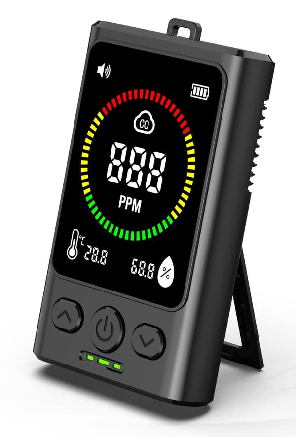 Bærbar kulilte-detektor med elektrokemisk sensor til realtidsovervågning af CO, temperatur og luftfugtighed