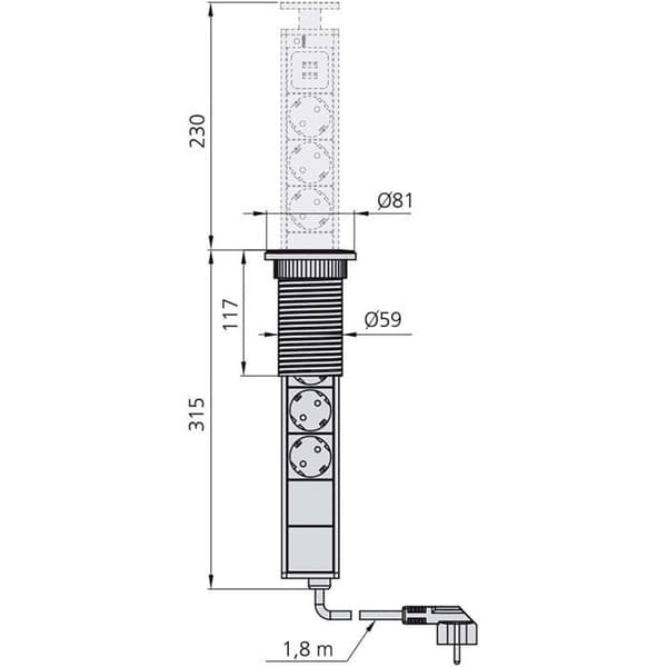 (Sort) Emuca Vertikal Løftbar Multistikdåse, EU, Malet Sort, Plastik og Aluminium. Black