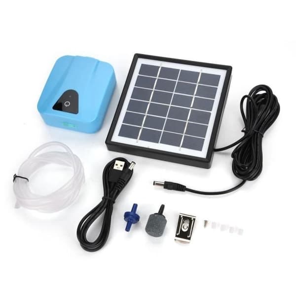 Solcellsdriven, USB-driven, vattentät akvarie-luftpump för utomhuspool och damm - blå