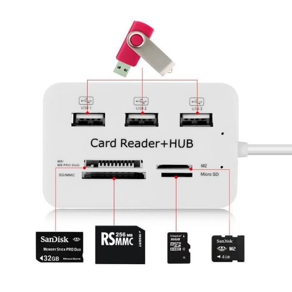 Multifunksjonell minnekortleser + 3 USB-porter Hub Splitter Combo