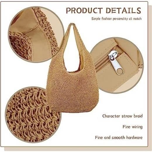 (Khaki) Strandväska - Dam - Halm Hobo - Khaki - 44x32x2 cm - Polyesterfoder Khaki