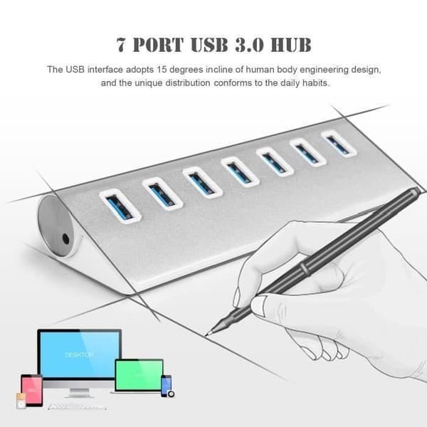 7-port USB 3.0-hub for iMac, MacBook, MacBook Air, MacBook Pro, Mac Mini, PC og bærbare datamaskiner