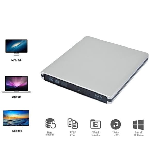 Ekstern 3D USB 3.0 Blu-ray DVD-spiller, bærbar Blu-ray DVD CD RW-brenner, CD-stativ for MacBook OS, Windows 7, 8, 10, Linux