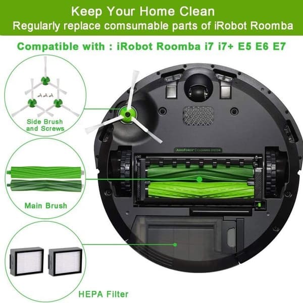 Tilbehørsdele Kompatible med iRobot Roomba i7 i7+/i7 plus E5 E6 E7 Støvsuger, Udskiftningsfiltre og Børstesæt til