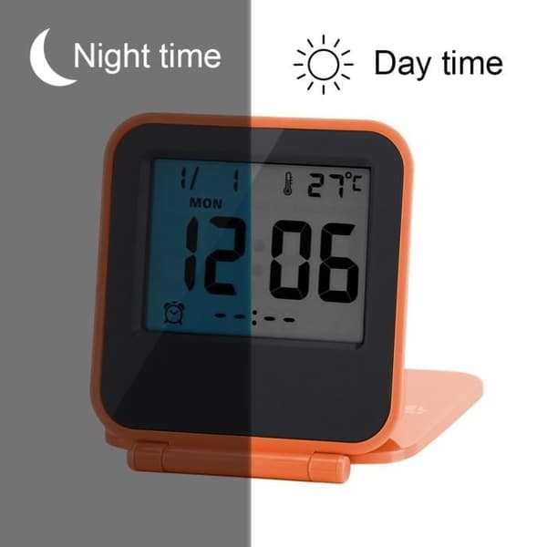 Bærbart foldbart digitalt rejse-bordur med temperatur, dato, orange -GUA
