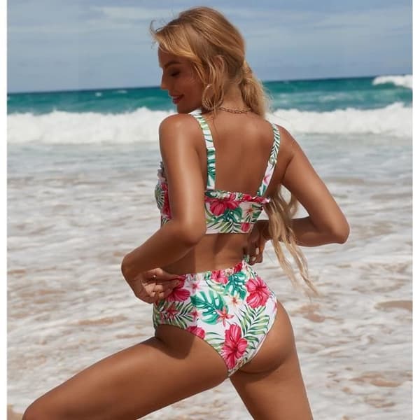 Bikini för damer - Blommigt tryck - Märke - Modell - Volangsnörning - Vit White l