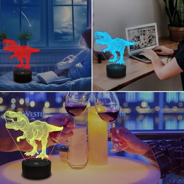 3D illusjon dinosaur nattlys med 16 farger og LED-lys