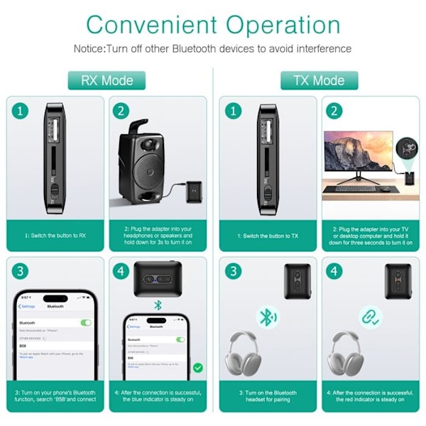 Bluetooth-sender og -mottaker, trådløs Bluetooth-adapter, Bluetooth 5.4-lydadapter musikk mottaker